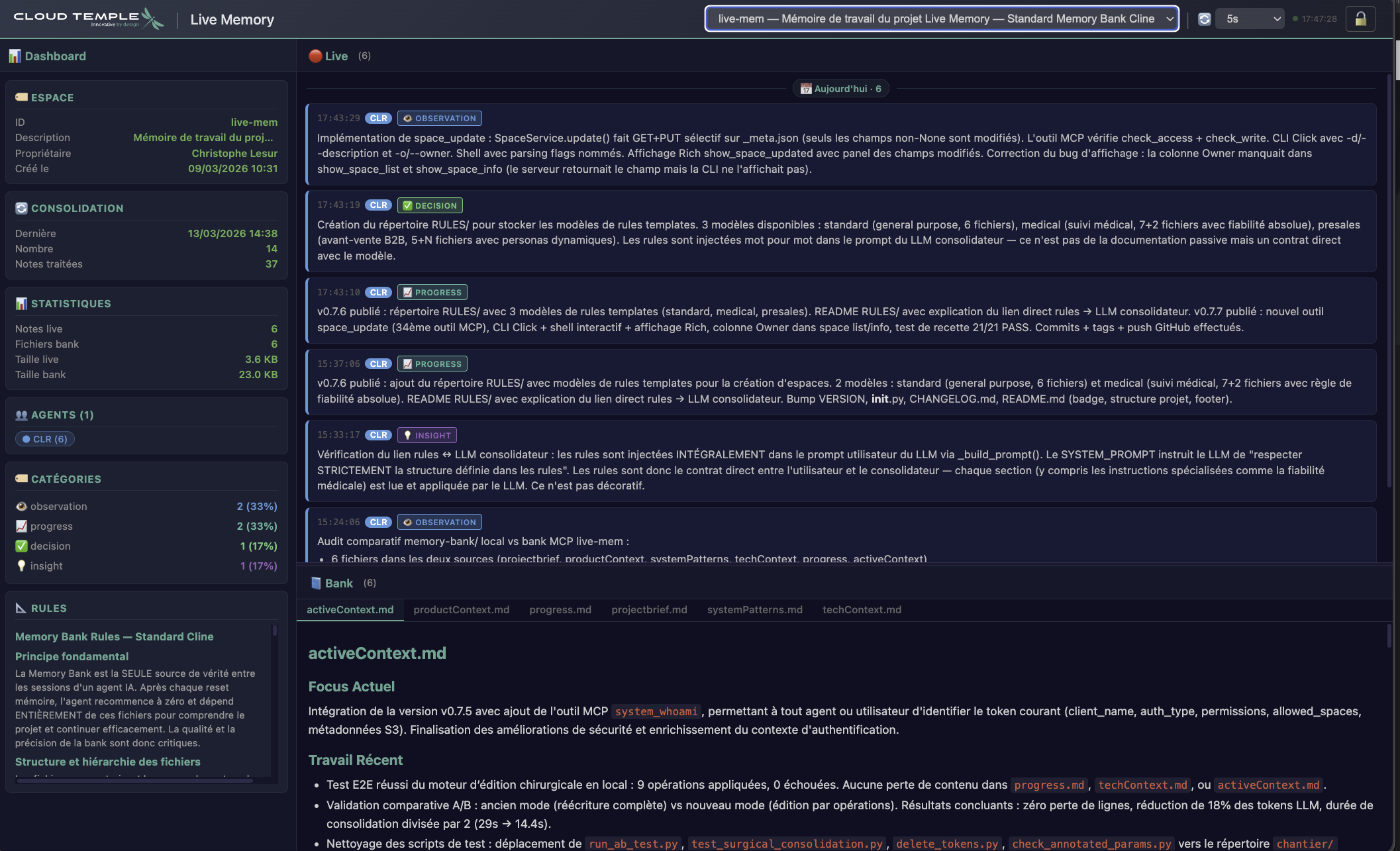 Live Memory — Interface web Dashboard + Timeline + Bank